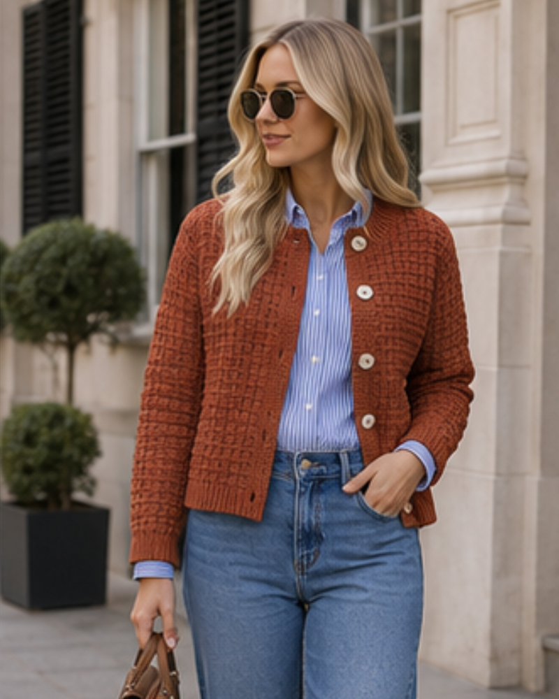 Wren Women’s Cotton Cardigan – Textured Knit Button Front Crew Neck Long Sleeve Sweater