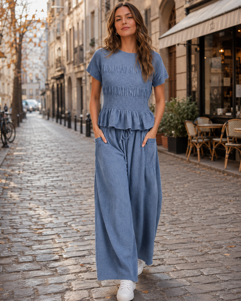 Completo da donna Merritt a 2 pezzi – Top arricciato con volant e pantaloni a gamba larga a vita alta con tasche