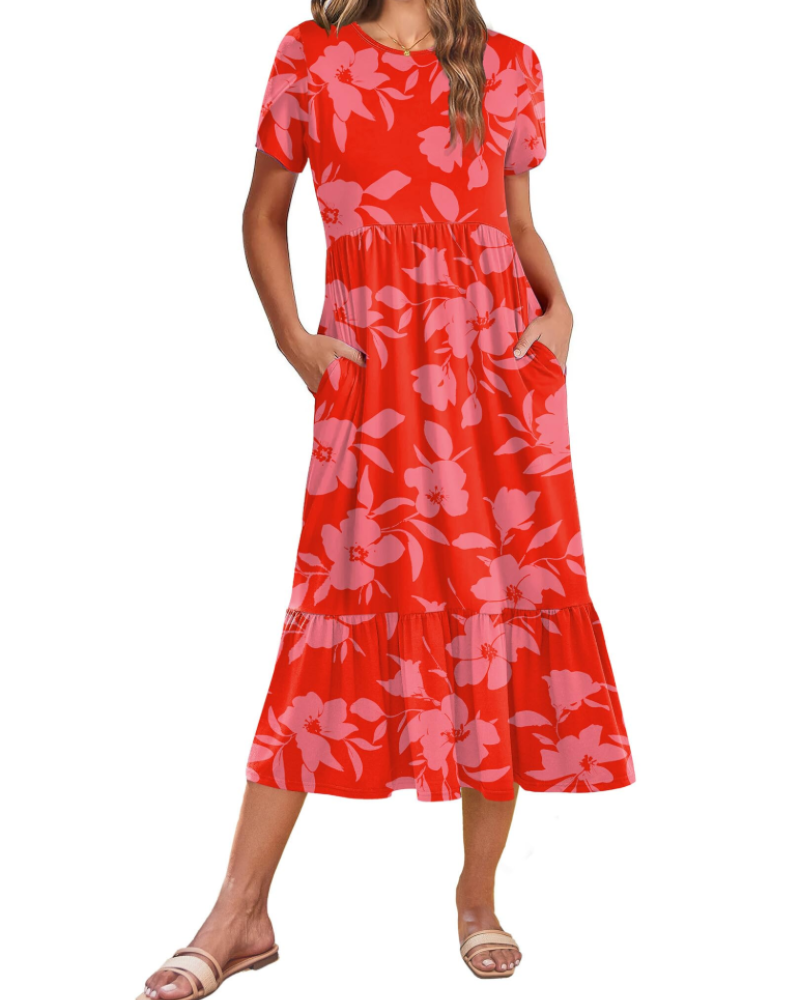 Emily Women's Tiered Midi Dress – A-Line Dress with Pockets for Work and Vacation