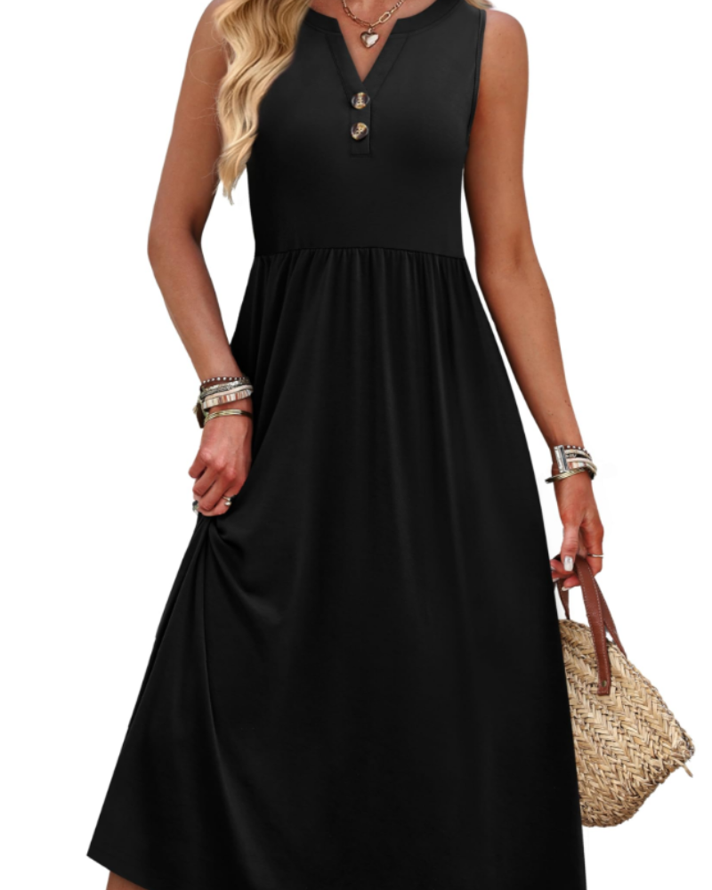 Maxi abito da donna Sophia – Abito con scollo a V, bottoni sul davanti, tasche e spacco laterale