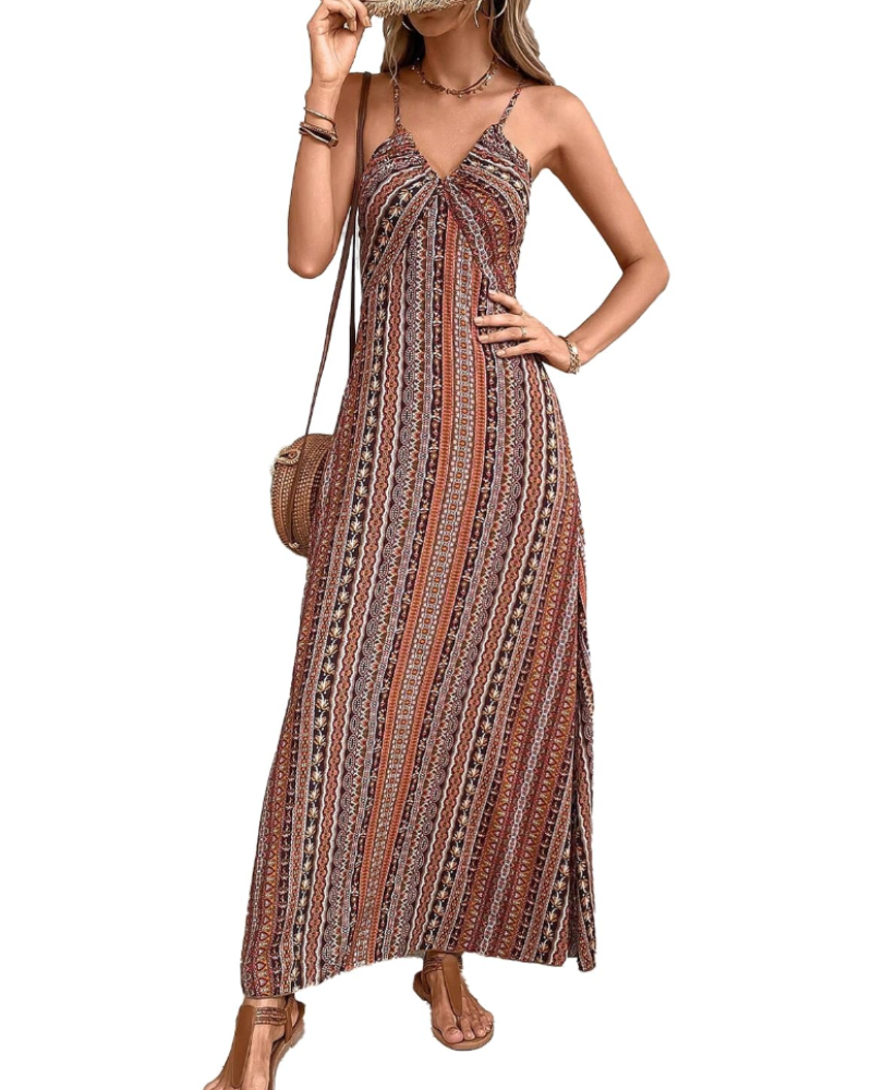 Abito maxi bohémien da donna Sienna – abito estivo senza maniche con scollo a V e stampa etnica