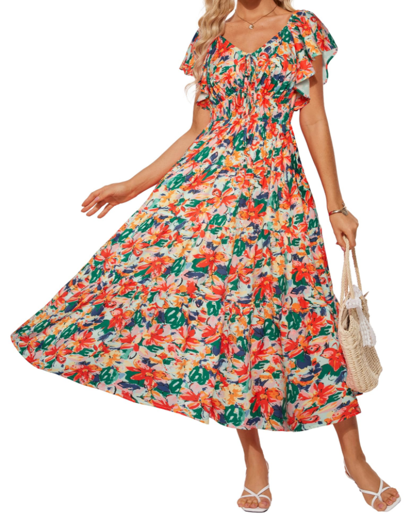 Robe longue fleurie pour femme Camryn – Robe bohème à col en V, manches à volants et taille élastique