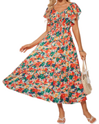 Robe longue fleurie pour femme Camryn – Robe bohème à col en V, manches à volants et taille élastique