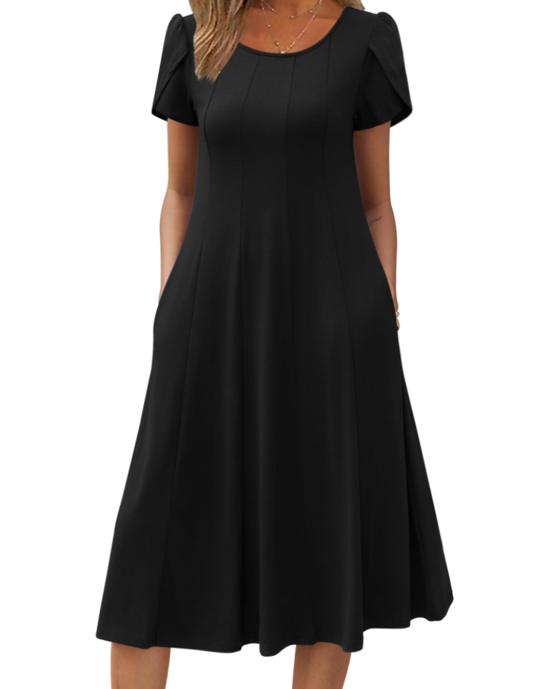 Lydia Women's Midi Dress – A-Line Short Sleeve Dress with Pockets