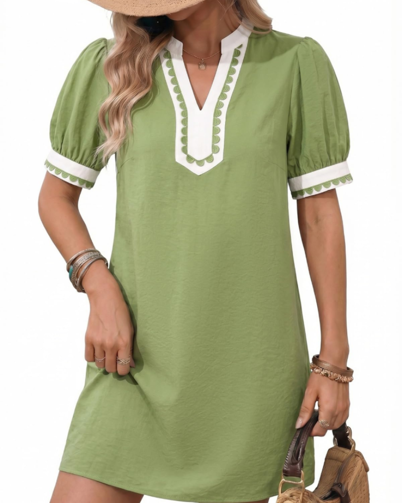 Charlotte Women's Boho Mini Dress – V-Neck Puff Sleeve A-Line Dress for Summer