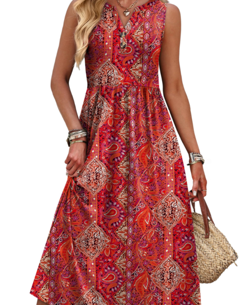 Maxi abito da donna Sophia – Abito con scollo a V, bottoni sul davanti, tasche e spacco laterale