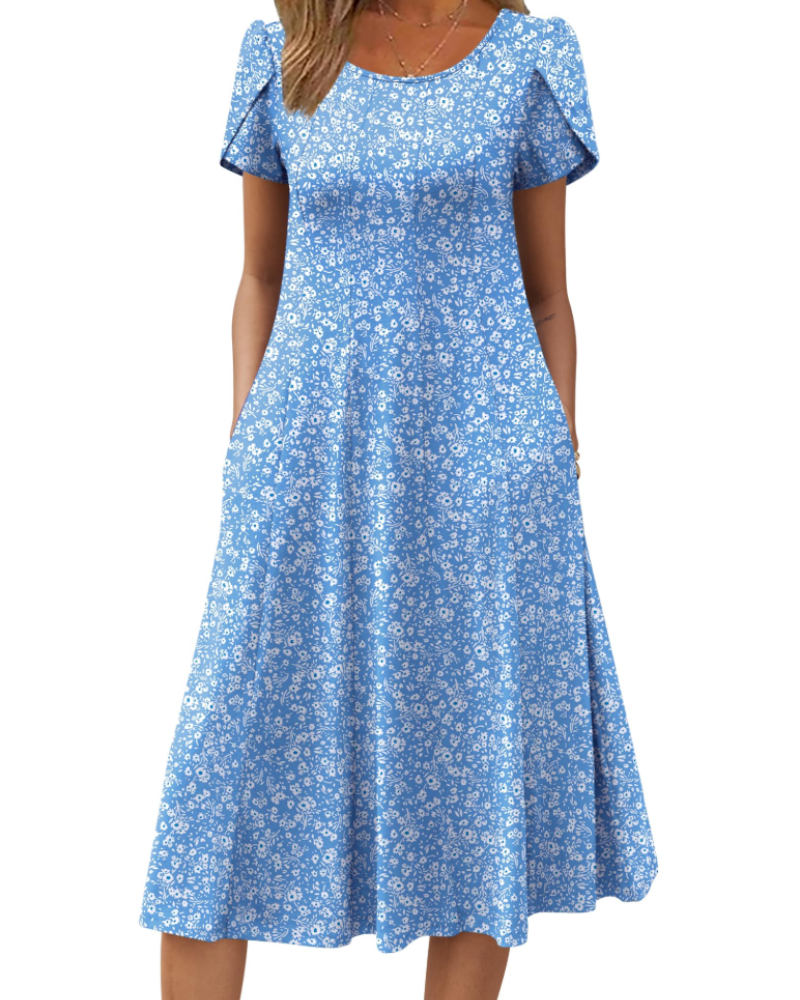 Lydia Women's Midi Dress – A-Line Short Sleeve Dress with Pockets