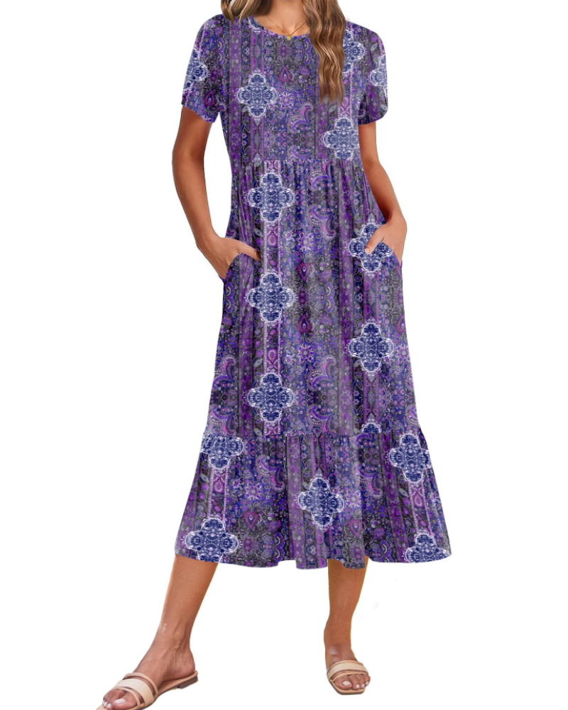 Emily Women's Tiered Midi Dress – A-Line Dress with Pockets for Work and Vacation