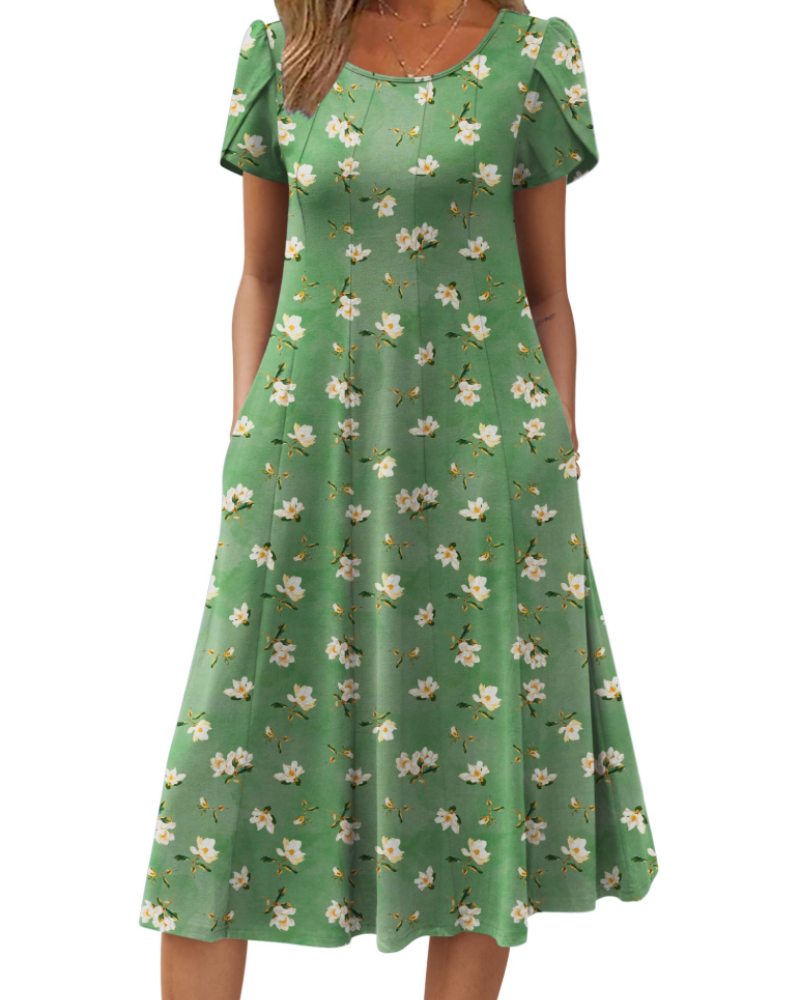 Lydia Women's Midi Dress – A-Line Short Sleeve Dress with Pockets