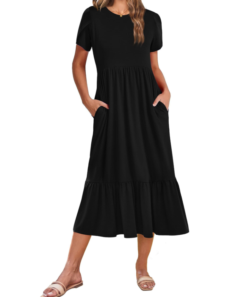 Emily Women's Tiered Midi Dress – A-Line Dress with Pockets for Work and Vacation