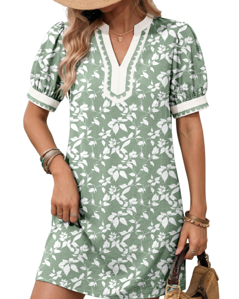Charlotte Women's Boho Mini Dress – V-Neck Puff Sleeve A-Line Dress for Summer