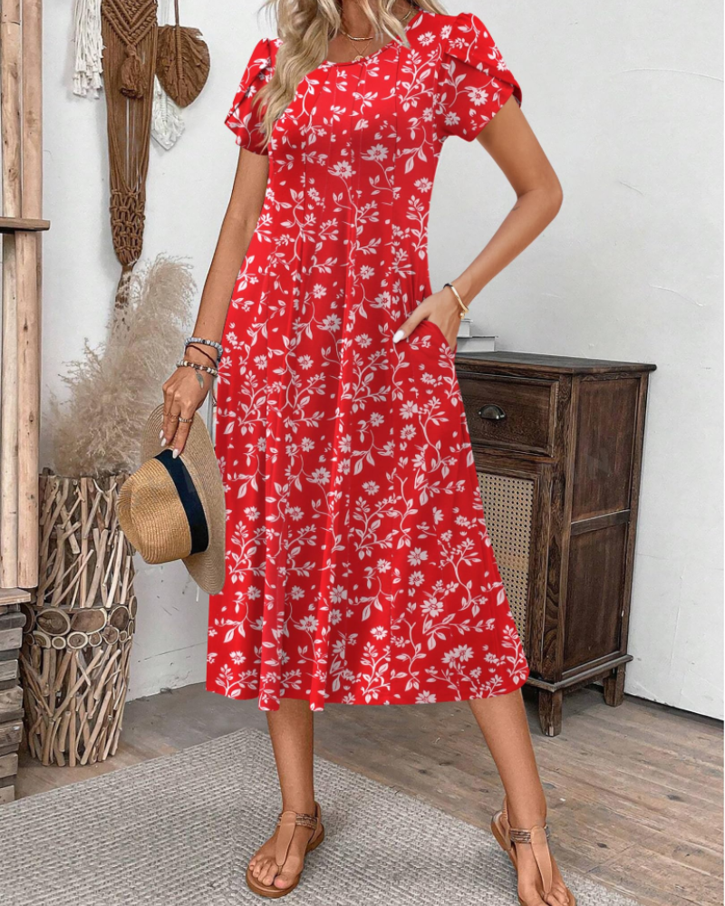 Lydia Women's Midi Dress – A-Line Short Sleeve Dress with Pockets