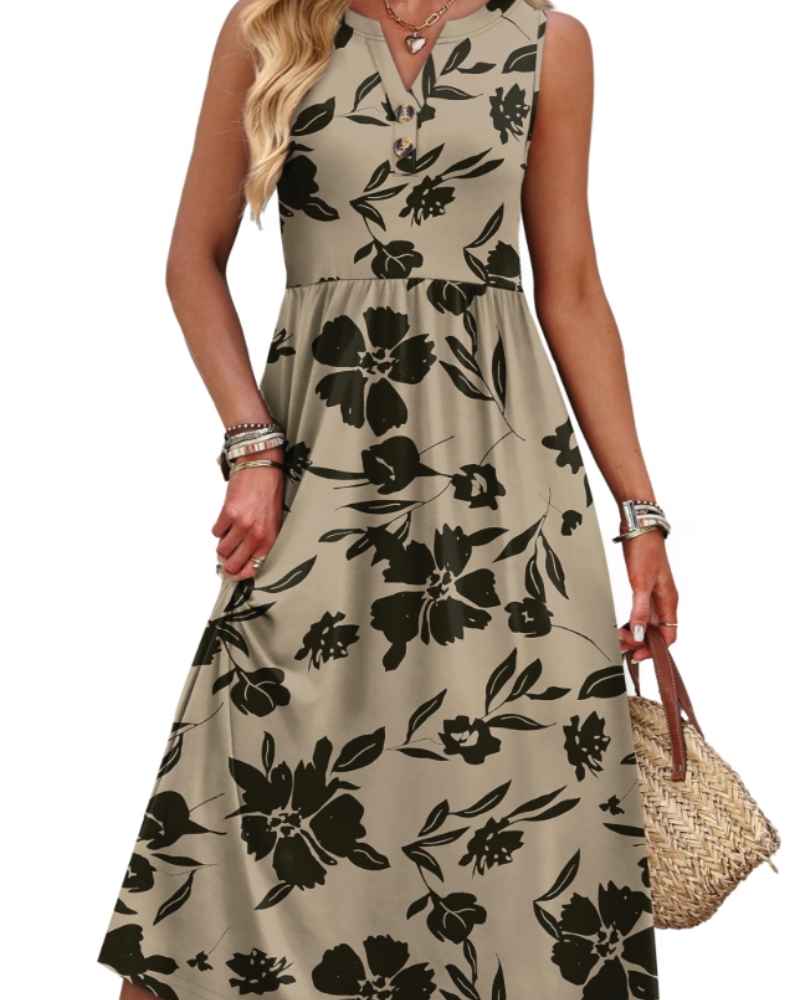 Maxi abito da donna Sophia – Abito con scollo a V, bottoni sul davanti, tasche e spacco laterale
