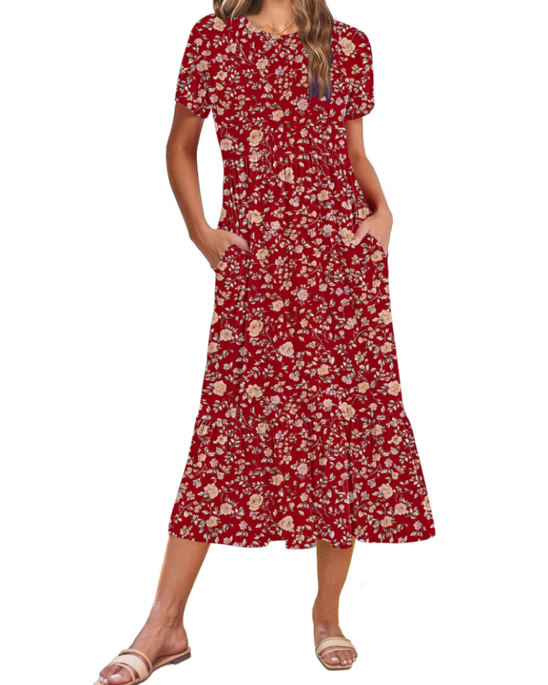 Emily Women's Tiered Midi Dress – A-Line Dress with Pockets for Work and Vacation