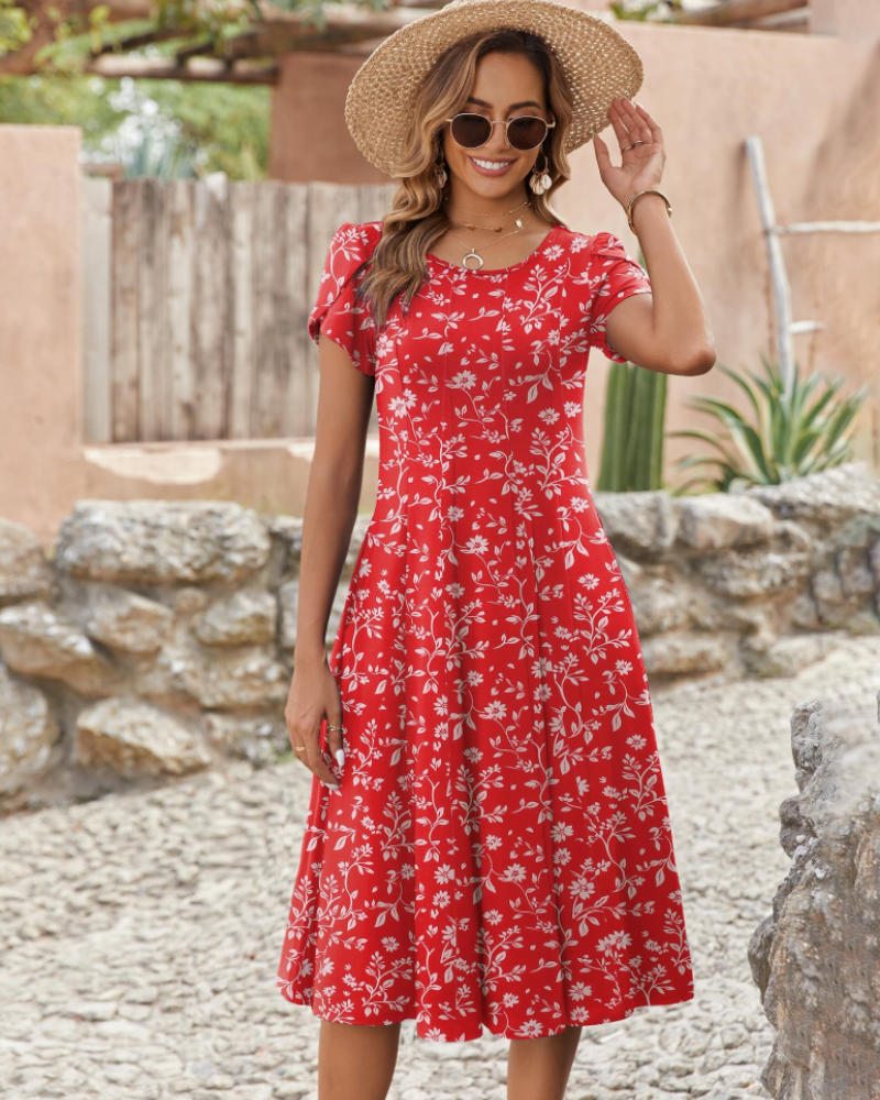 Lydia Women's Midi Dress – A-Line Short Sleeve Dress with Pockets