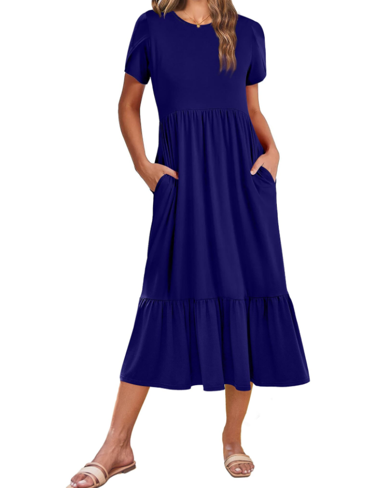 Emily Women's Tiered Midi Dress – A-Line Dress with Pockets for Work and Vacation