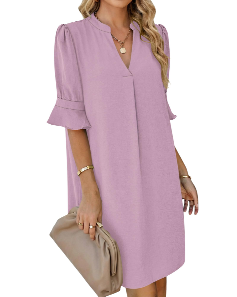 Penelope Women's Shirt Dress – V-Neck A-Line Dress with Ruffle Sleeves and Pockets