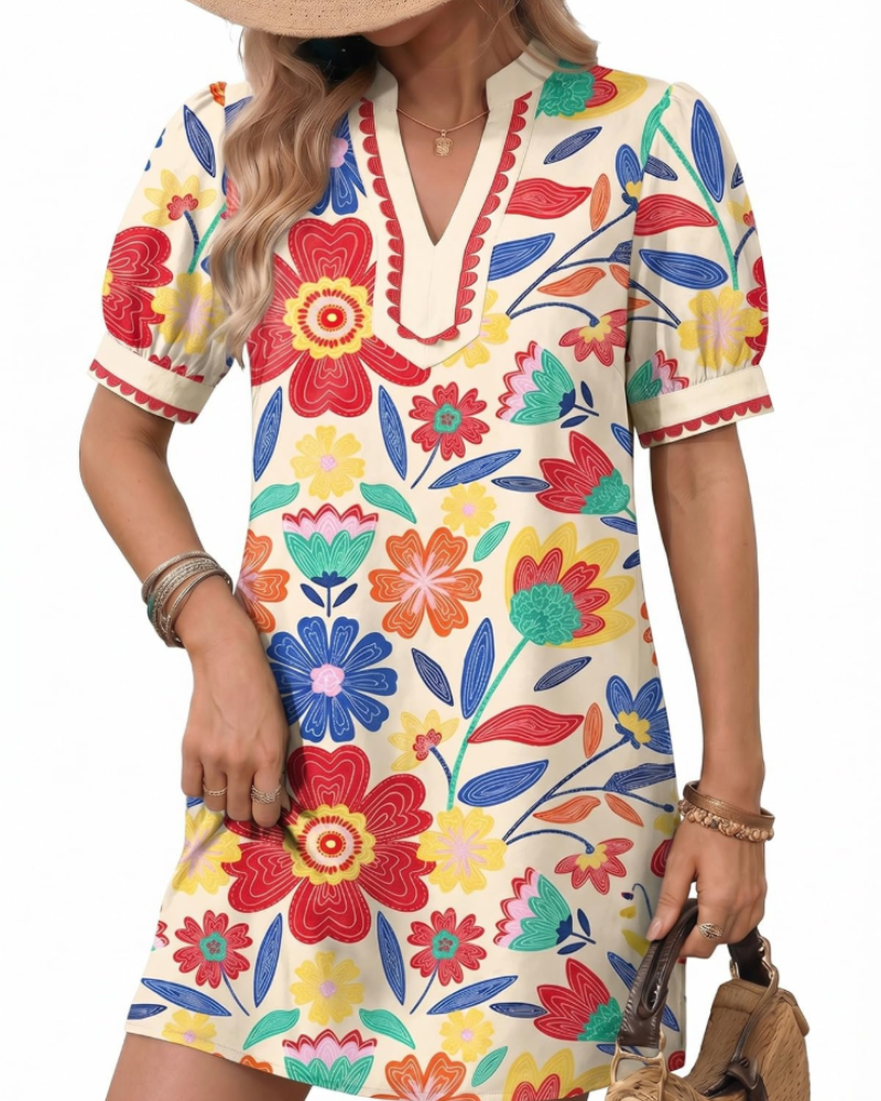 Charlotte Women's Boho Mini Dress – V-Neck Puff Sleeve A-Line Dress for Summer
