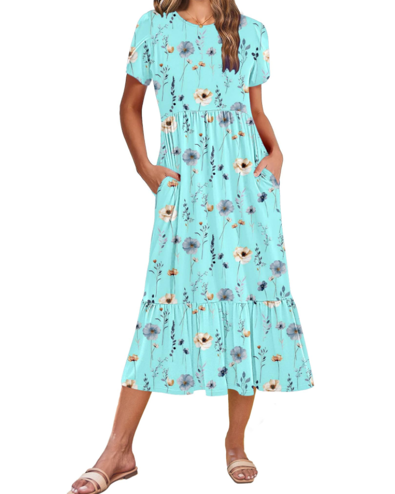 Emily Women's Tiered Midi Dress – A-Line Dress with Pockets for Work and Vacation
