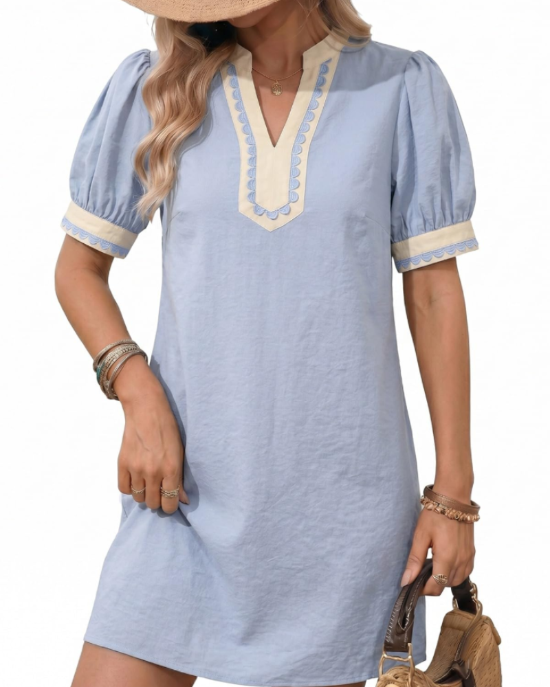 Charlotte Women's Boho Mini Dress – V-Neck Puff Sleeve A-Line Dress for Summer