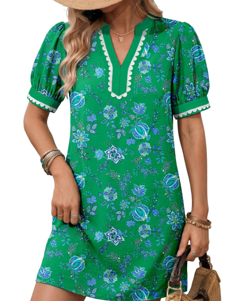 Charlotte Women's Boho Mini Dress – V-Neck Puff Sleeve A-Line Dress for Summer