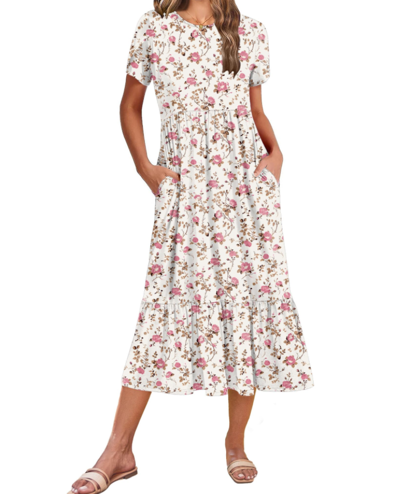 Emily Women's Tiered Midi Dress – A-Line Dress with Pockets for Work and Vacation