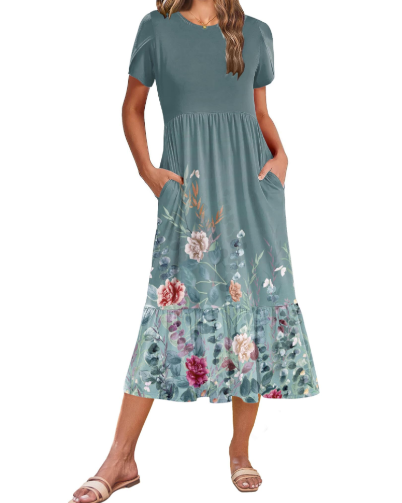 Emily Women's Tiered Midi Dress – A-Line Dress with Pockets for Work and Vacation