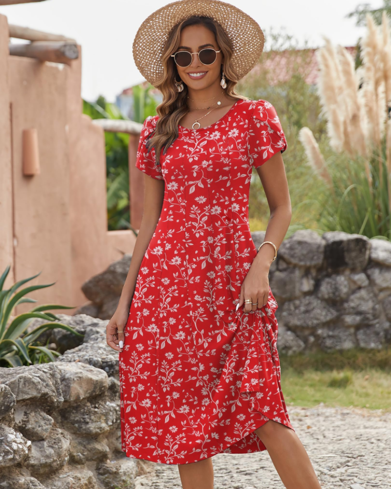Lydia Women's Midi Dress – A-Line Short Sleeve Dress with Pockets