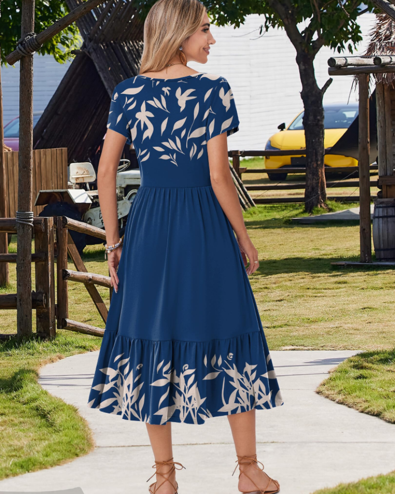 Emily Women's Tiered Midi Dress – A-Line Dress with Pockets for Work and Vacation