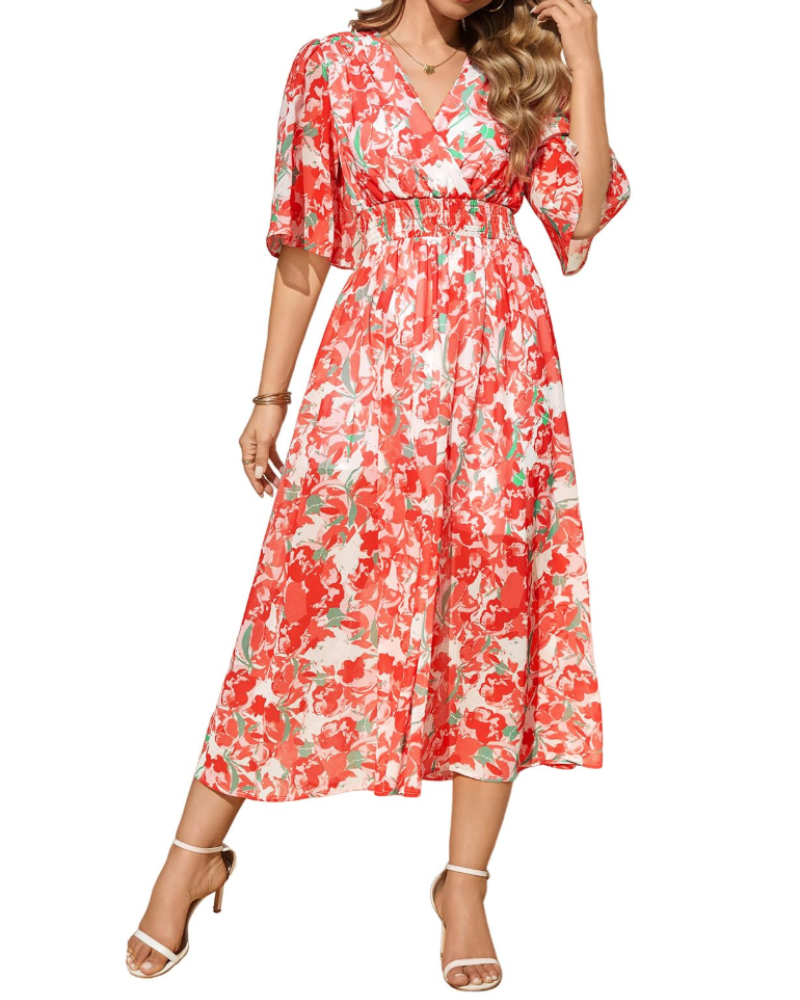 Brielle Women's Bohemian Maxi Dress – V-Neck Floral Dress with Bell Sleeves