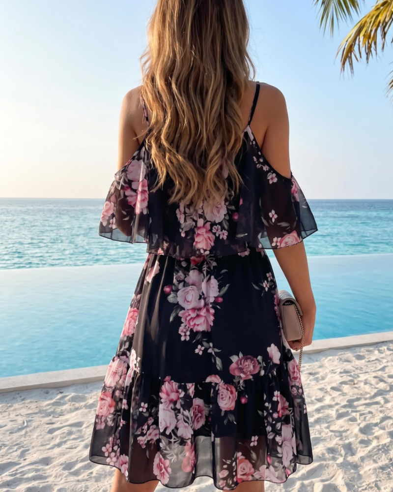 Mini-robe fleurie Daisy pour femme – épaules dénudées, ourlet volanté, robe d’été de plage