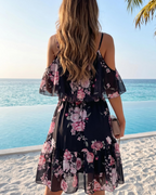 Mini-robe fleurie Daisy pour femme – épaules dénudées, ourlet volanté, robe d’été de plage