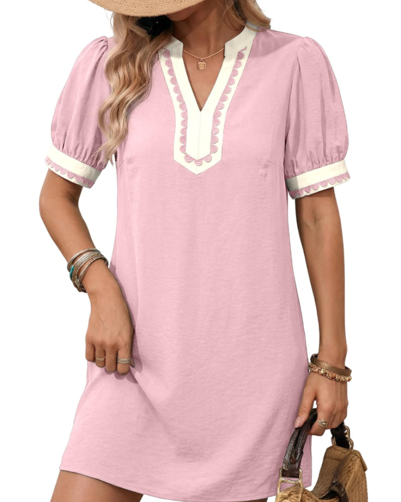 Charlotte Women's Boho Mini Dress – V-Neck Puff Sleeve A-Line Dress for Summer