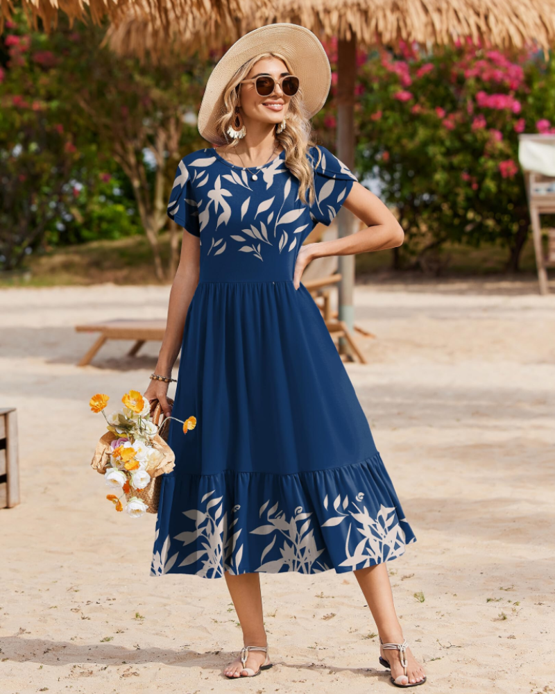 Emily Women's Tiered Midi Dress – A-Line Dress with Pockets for Work and Vacation