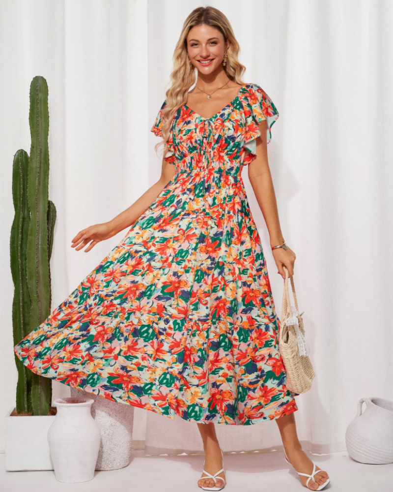 Robe longue fleurie pour femme Camryn – Robe bohème à col en V, manches à volants et taille élastique