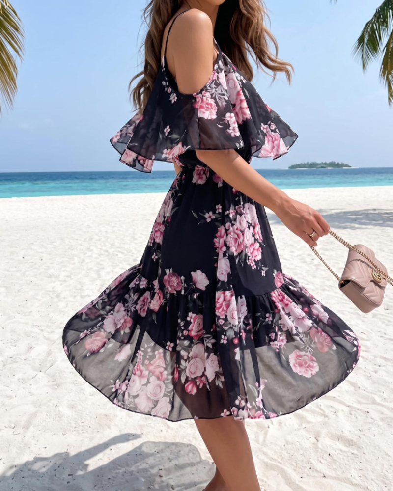 Mini-robe fleurie Daisy pour femme – épaules dénudées, ourlet volanté, robe d’été de plage