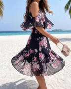 Mini-robe fleurie Daisy pour femme – épaules dénudées, ourlet volanté, robe d’été de plage