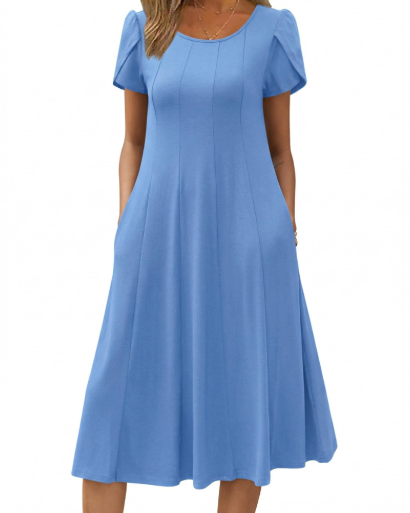 Lydia Women's Midi Dress – A-Line Short Sleeve Dress with Pockets