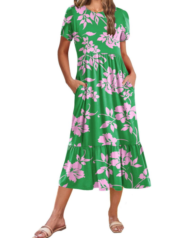 Emily Women's Tiered Midi Dress – A-Line Dress with Pockets for Work and Vacation