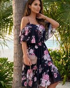 Mini-robe fleurie Daisy pour femme – épaules dénudées, ourlet volanté, robe d’été de plage