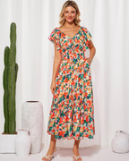 Robe longue fleurie pour femme Camryn – Robe bohème à col en V, manches à volants et taille élastique