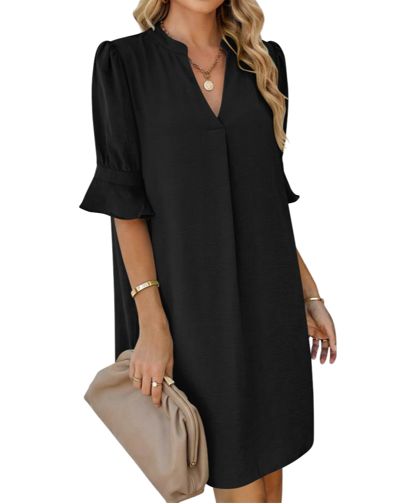 Penelope Women's Shirt Dress – V-Neck A-Line Dress with Ruffle Sleeves and Pockets