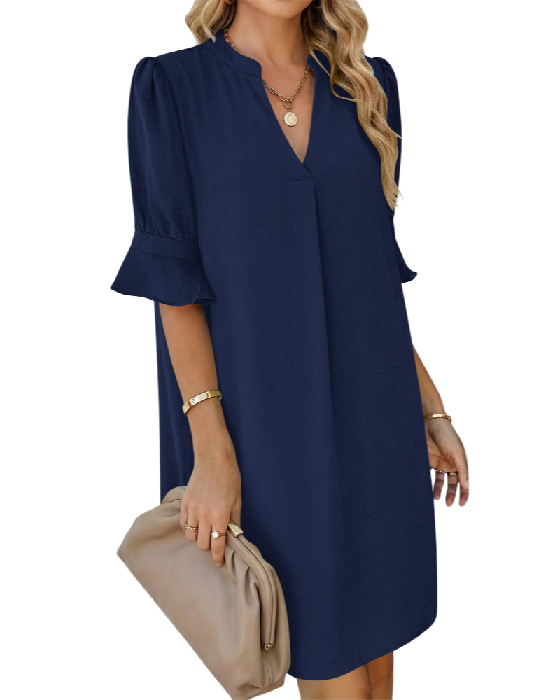 Penelope Women's Shirt Dress – V-Neck A-Line Dress with Ruffle Sleeves and Pockets