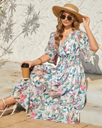 Brielle Women's Bohemian Maxi Dress – V-Neck Floral Dress with Bell Sleeves