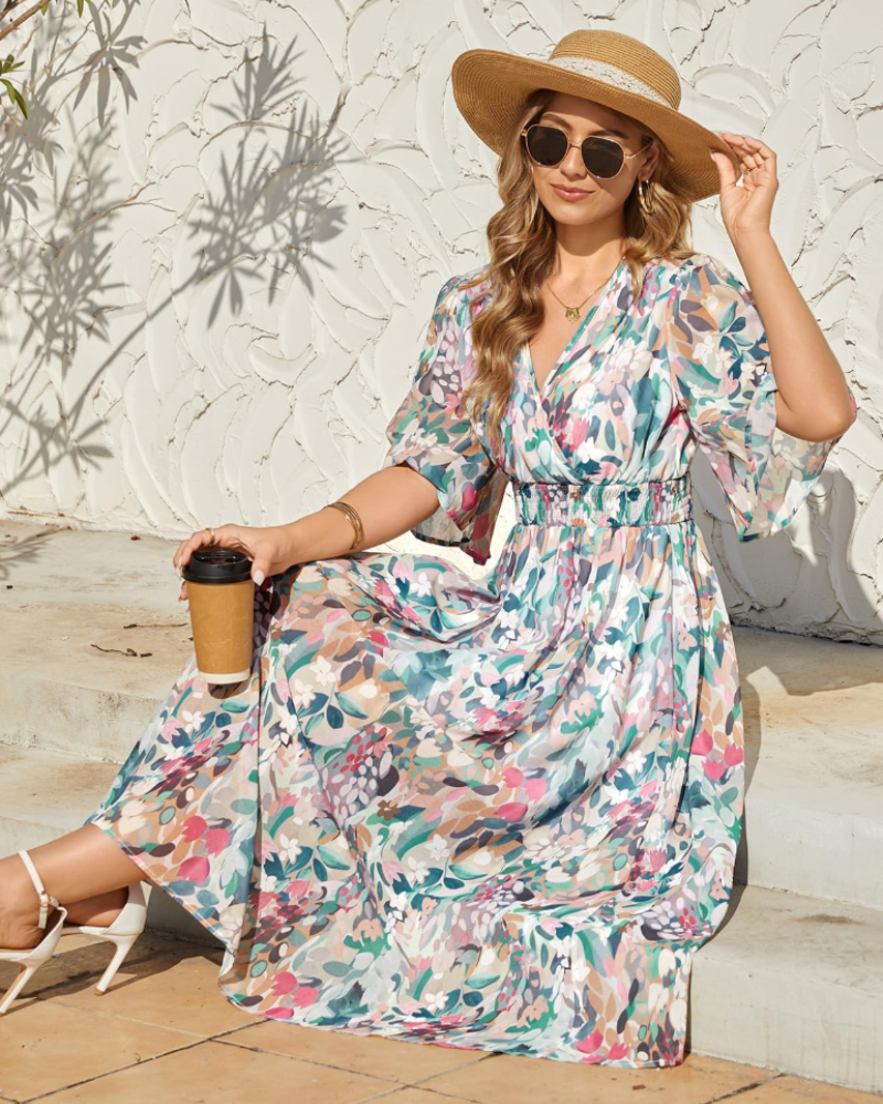 Brielle Women's Bohemian Maxi Dress – V-Neck Floral Dress with Bell Sleeves