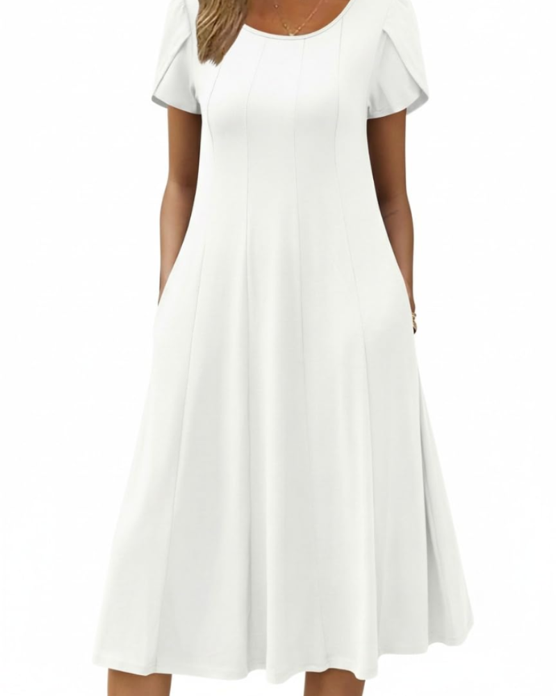Lydia Women's Midi Dress – A-Line Short Sleeve Dress with Pockets