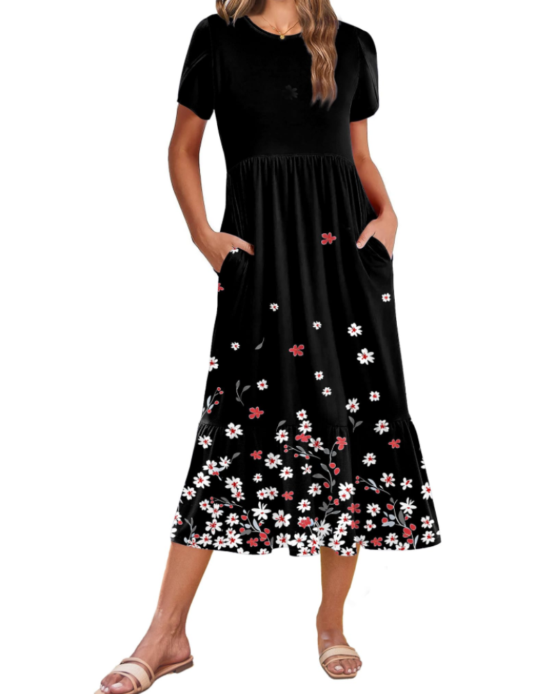 Emily Women's Tiered Midi Dress – A-Line Dress with Pockets for Work and Vacation