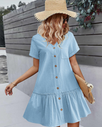 Vestido de mujer Nora de algodón y lino – Vestido hasta la rodilla con escote en V y botones de madera