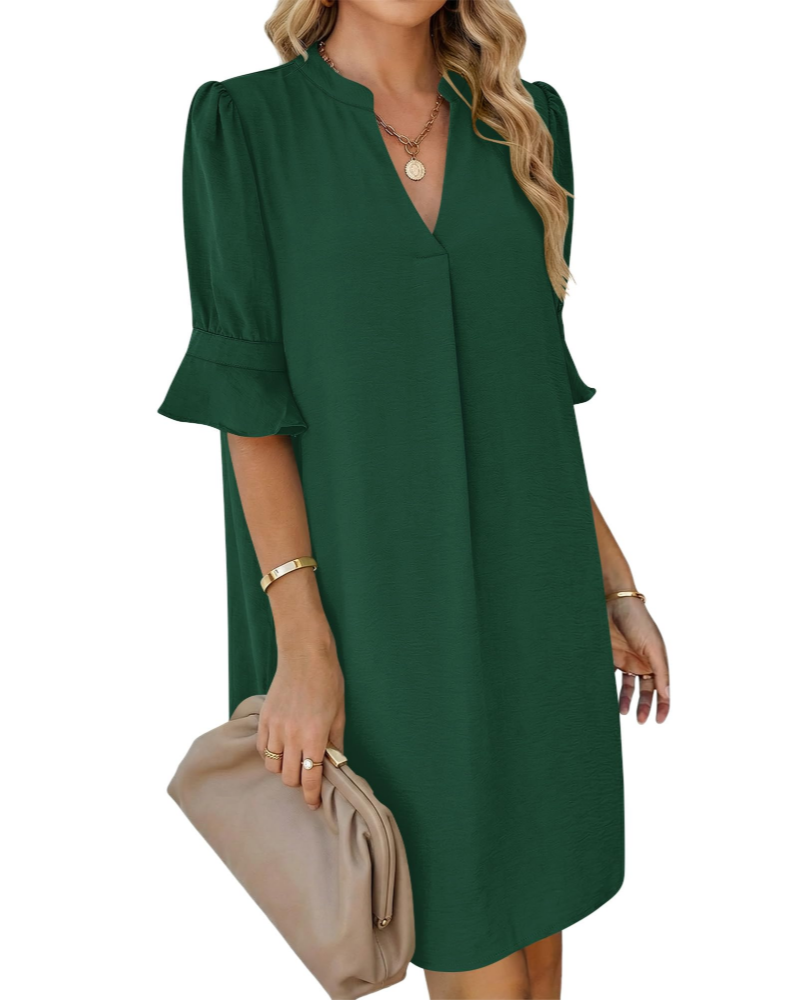 Penelope Women's Shirt Dress – V-Neck A-Line Dress with Ruffle Sleeves and Pockets