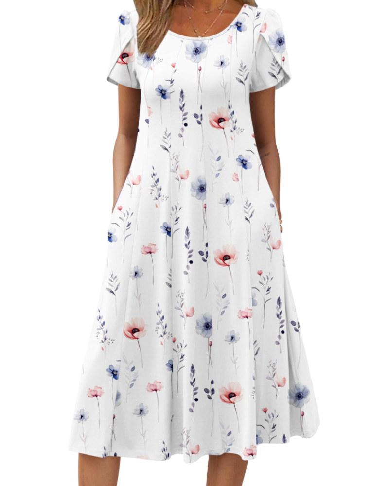 Lydia Women's Midi Dress – A-Line Short Sleeve Dress with Pockets